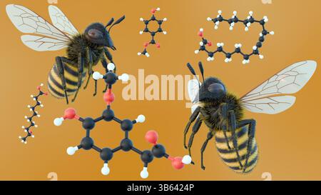 Eine 3D-Darstellung von Honigbienen im Flug neben mehreren molekularen Strukturen, Queen-Unterkiefer-Pheromon (QMP). Stockfoto