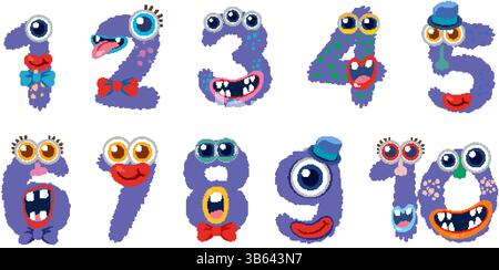 Farbenfrohe Zahlen mit Monster-Motiven mit skurrilen Ausdrücken und lebendigen Details. Perfekt für Lehrmaterialien und verspielte Designs Stock Vektor