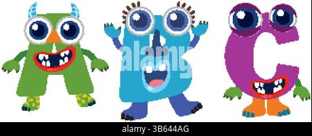 Farbenfrohe Vektorillustration mit Monstermotiv-Buchstaben mit skurrilen Merkmalen und lebhaften Farben, perfekt für pädagogisches Material für Kinder Stock Vektor