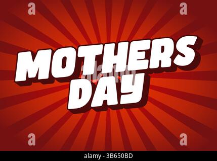 Muttertag. Lustige und starke weiße Schriftart mit dickem rotem Schatten, Comic-Stil auf rotem Hintergrund mit Sonnenschein Stock Vektor