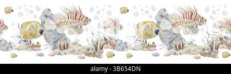 Nahtlose Grenze mit tropischen Fischen. Gestreifter roter Fisch. Löwenfisch und großer gelber Fisch. Korallenriff. Kieselsteine und Meeresfische. Meer und Aquarium. Aquarell Stockfoto