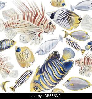 Nahtloses Muster mit tropischen Fischen. Exotische Tiere. Gestreifter und farbenfroher Fisch. Löwe, Elefant, Chirurg. Unterwasserwelt der Meere. Aquarell Stockfoto