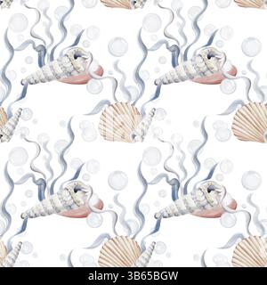 Nahtloses Meeresmuster mit Muscheln, Weichtieren und Meeresschnecken. Algen und Kieselsteine. Kieselsteine. Aquarellabbildung isoliert vom Hintergrund Stockfoto