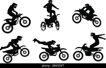 Silhouetten von Motocross-Fahrern, die Stunts auf Dirt-Bikes ausführen Stock Vektor