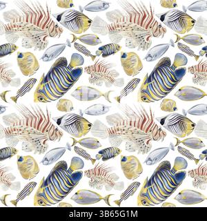 Nahtloses Muster mit tropischen Fischen. Exotische Tiere. Gestreifter und farbenfroher Fisch. Löwe, Elefant, Chirurg. Unterwasserwelt der Meere. Aquarell Stockfoto