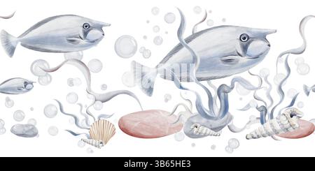 Nahtloser Rand mit blauen tropischen Fischen. Kies und Algen auf dem Boden. Raucski und Mollusken mehrfarbig. Blasen unter Wasser. Aquarell Stockfoto