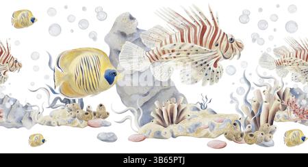 Nahtlose Grenze mit tropischen Fischen. Gestreifter roter Fisch. Löwenfisch und großer gelber Fisch. Korallenriff. Kieselsteine und Meeresfische. Meer und Aquarium. Aquarell Stockfoto