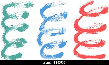 Set mit Partyspiralen. Pinselstrich Farbe verwirrt Linien. Handgezeichnetes Vektor-Kinder-Konfetti. Lineare Farbkritzelelemente isoliert auf weißem Hintergrund. Stock Vektor