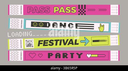 Eintrittskarten für das Armband für Konzerte. Musikfestival, Party, Armbänder im Retro-Rave-Stil. Handpass für den Zugang zum Nachtclub zum Karneval. Papierarmband t Stock Vektor