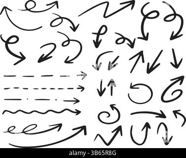 Hand gezeichneter Pfeil Doodles Collection Vektor-Design mit gebogenen, geraden und Wirbel Pfeilen Pfeil, Doodle, Hand gezeichnet, Vektor, Skizze, gebogen, wirbelnd Stock Vektor