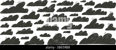 Dunkelgraues Set mit Wolken. Naives handgezeichnetes Himmelspack. Strukturierte Wetterelemente für Kinder. Pastellfarbene kritzelnde Wolkenschilder. Vektorwachsstift gezeichnet Stock Vektor