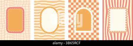 Geometrisches Set mit funkigen Rahmen mit Muschelmuster. Gewellter grooviger Bogen, rechteckige und ovale Ränder auf weißem Hintergrund. Poster mit wackeligen Streifen und Schachbrettern dez Stock Vektor