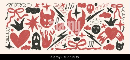 Punk Breaking Heart Doodles Set Devil and Angels Buntstift gezeichnet Hintergrund. Kritzeln Sie mädchenhafte Elemente. Geister, Bögen, Wolken und Skizzenformen. Vecto Stock Vektor