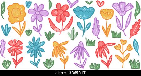 Blumenstift Set. Naive florale Kritzelei isoliert auf weißem Hintergrund. Daisy, Mohn, Gras, lässt Skizzenelemente. Vektor-Illustration im kindlichen Stil Stock Vektor