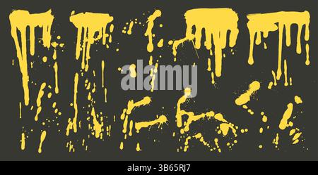 Graffiti Art Spray Orange Spritzer Set. Bunte goldene Spritzer und Tropfen. Lackieren Sie Flecken und klopfen Sie gelbe Formen. Collage verwischt auffälliges farbiges Elem Stock Vektor