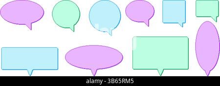 Pixel Art Sprechblasen. 8 Bit farbenfrohe Textfelder Set. Rechteckige und runde Chatrahmen. Dialog grenzt Symbole im Retro-Stil der 90er Jahre. Digitale Beschreibungen Stock Vektor