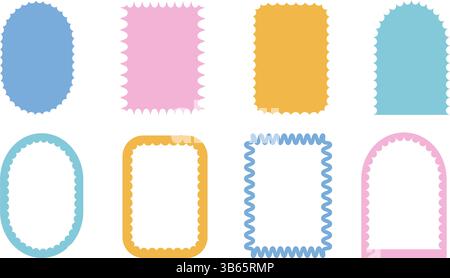 Rahmenset für geometrische Muscheltextrahmen. Gewellter grooviger Bogen, rechteckige und ovale Ränder isoliert auf weißem Hintergrund. Wackeliges dekoratives Callouts-Element Stock Vektor