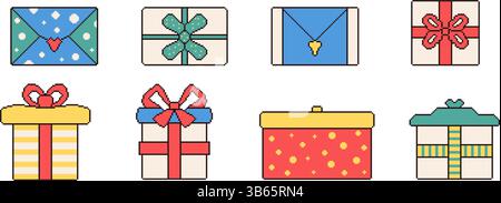 Geschenkboxen im Pixeldesign. 8-Bit-Geburtstagsgeschenke. Cristmas Geschenkbox im Retro-Stil der 90er Jahre. Preis mit Bogenvektor-Illustration auf weißem Hintergrund. Stock Vektor