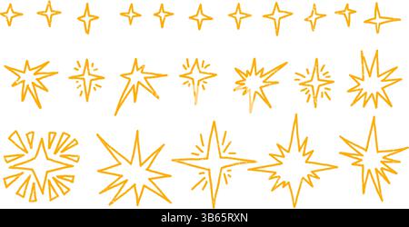 Twinkles y2k Line Buntstift Set. Gelbe Skizze mit Funkensternen. Space Shine Shapes and Blings Doodle Pack. Kometen und Blinken. Vektor Hand gezeichnet Bleistiftzeichnung Stock Vektor