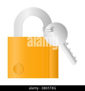 Goldenes Metallschloss und Schlüsselvektor. Leuchtendes Vorhängeschloss. Symbol Geschlossenes Vorhängeschloss. Stock Vektor