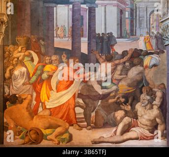 FLORENZ, ITALIEN - 19. MÄRZ 2025: Das Fresko Jesus reinigt die Tempelszene in der Chuch Basilica della Santissima Annunziata von Alessandro Allori Stockfoto
