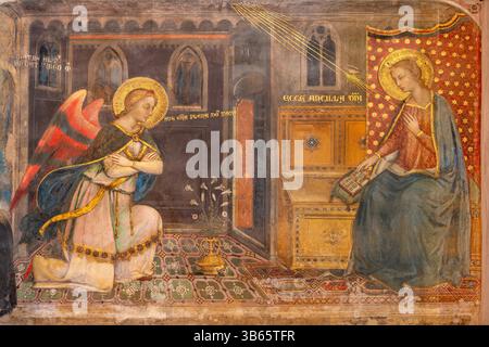 FLORENZ, ITALIEN - 19. MÄRZ 2025: Das Fresko der Verkündigung in der Kirche Basilica di San Marco von Jacopo di Cione (1371). Stockfoto