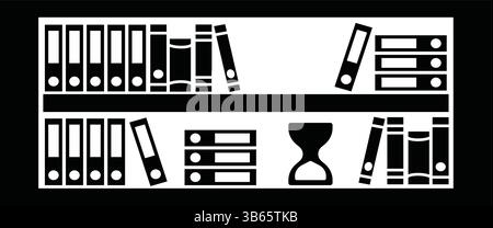 Regal mit Büchern, Ordnern und Sanduhr-Symbol Silhouette Stock Vektor