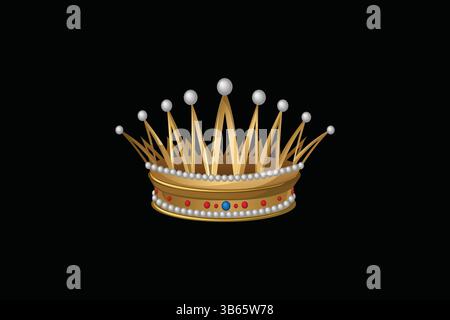 Goldene Krone Vektorsymbol auf schwarzem Hintergrund mit Perlen und Edelsteinen, goldene Krone, königliche Krone, Königskrone, Königskrone, Königskrone, Vektorkrone, schwarzer Hintergrund Stock Vektor