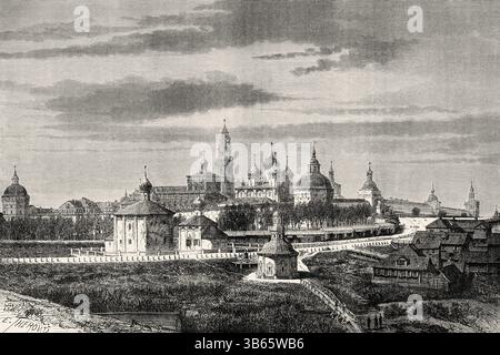 Das Dreifaltigkeitslawra von St. Sergius ist das wichtigste russische Kloster und das spirituelle Zentrum der russisch-orthodoxen Kirche. Sergijew Posad Dorf. Russland. Zeichnung von Emile Therond (182-1883) Reise ins freie Russland 1869 von William Hepworth Dixon. Le Tour du Monde 1872 Stockfoto