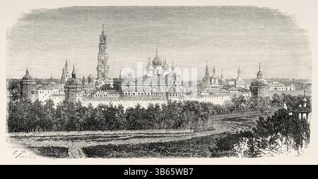 Das Dreifaltigkeitslawra von St. Sergius ist das wichtigste russische Kloster und das spirituelle Zentrum der russisch-orthodoxen Kirche. Sergijew Posad Dorf. Russland. Zeichnung von Emile Therond (182-1883) Reise ins freie Russland 1869 von William Hepworth Dixon. Le Tour du Monde 1872 Stockfoto