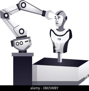 Roboterarm-Montage humanoider Roboterkopf in futuristischer Fabrikumgebung Stock Vektor