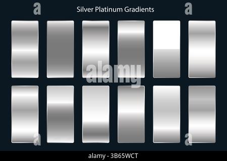 Satz von glänzenden Silber- und Platinverlaufsrechtecken auf schwarzem Hintergrund Stock Vektor