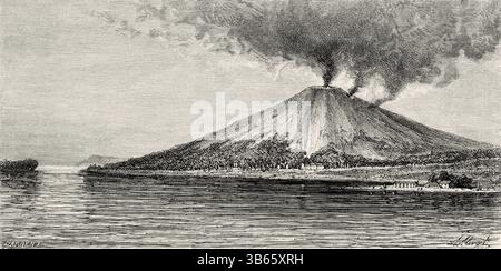 Banda API Vulkan, Banda Inseln. Indonesien, Asien. Zeichnung von Hubert Clerget (1818–1899) Reise zum Malaiischen Archipel, 1861–1862, von Alfred Russel Wallace (1823–1913) Le Tour du Monde 1872 Stockfoto