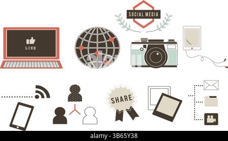 Vektorsatz für Social Media und Kommunikationssymbole – digitale Technologie und gemeinsame Nutzung Stock Vektor