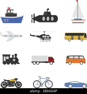 Farbenfrohe Fahrzeugsymbole – Kollektion für Luft-, Land- und Wassertransport Stock Vektor