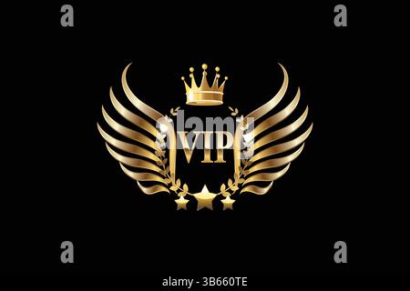 Goldenes VIP-Abzeichen mit Krone und Flügeln auf schwarzem Hintergrund Stock Vektor