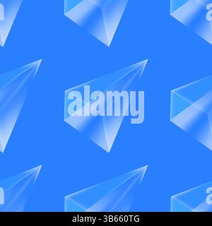 Nahtloses Muster des Vektorkristalls Diamant auf blauem Hintergrund. Transparentes Prismenhintergrund aus Glas. Mineralischer Zufallsdreieck-Pyramidensatz. Stock Vektor