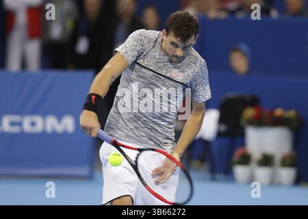 Sofia, Bulgarien - 10. Februar 2017: Grigor Dimitrov (im Bild) von Bulgarien spielt gegen Viktor Troicki aus Serbien während eines Spiels von Sofia offen Stockfoto