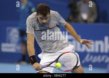 Sofia, Bulgarien - 12. Februar 2017: Grigor Dimitrov (im Bild) von Bulgarien spielt gegen David Goffin aus Belgien während des letzten Spiels von Sofi Stockfoto