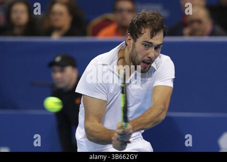 Sofia, Bulgarien - 9. Februar 2017: Jerzy Janowicz (im Bild) von Polen spielt gegen Grigor Dimitrov aus Bulgarien während eines Spiels von Sofia offen 2 Stockfoto