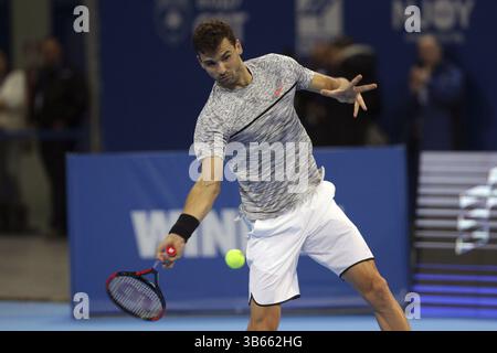 Sofia, Bulgarien - 9. Februar 2017: Grigor Dimitrov (im Bild) von Bulgarien spielt gegen Jerzy Janowicz aus Polen während eines Spiels von Sofia offen 2 Stockfoto