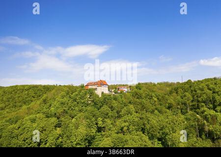 Luftaufnahme der Burg Bodenstein in Eichsfeld, Leinefelde-Worbis, Thüringen, Deutschland, Europa Stockfoto