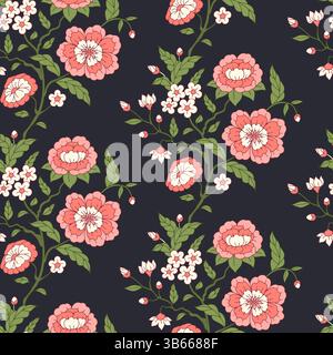 Nahtloses Muster mit handgezeichneten rosa Chinoiserie-Blüten auf dunkelblauem Hintergrund. Boho-Tapete mit Blumenmuster Stock Vektor