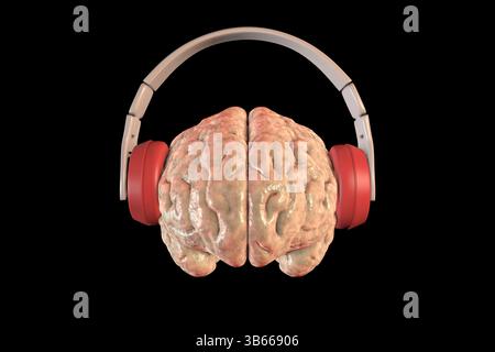 Illustration eines menschlichen Gehirns, das Kopfhörer trägt und Musik, Klangwahrnehmung, kognitive Stimulation, Kreativität, und neuronale Aktivität. Stockfoto