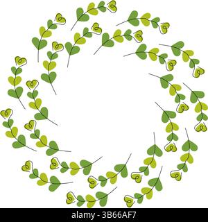 Einzeilige herzförmige Blätter monochrome grüne Verzweigungen Kreisrahmen Rand Kopierraum Vorlage Idee. Isolierte Vektor-Illustration St. Patrick Gruß Thematische Karte Einladung oder Web Promo Banner, Faltblatt Stock Vektor