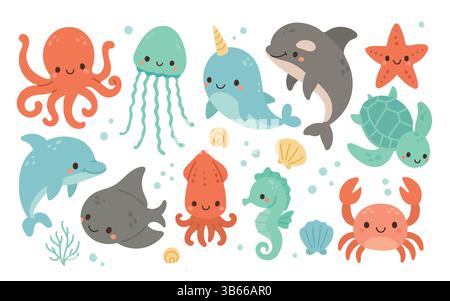 Eine Gruppe von niedlichen Meerestieren, darunter Delfine, Tintenfische, Krabben und Narwale, die für farbenfrohe Sammlungen von Meerestieren und verspielte Wasserszenen entworfen wurden Stock Vektor