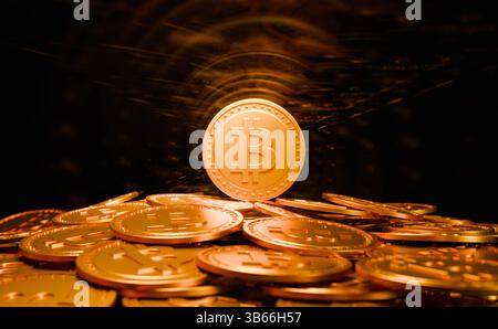 Haufen goldener Bitcoins. Haufen goldener Bitcoins. Kryptowährung, Blockchain, Nahaufnahme Bitcoins in Gold Metall, Investition, Handel. 3D-Illustration crypto currency 22s02 Golden Bitcoins Stockfoto
