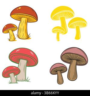 Vier farbenfrohe Pilzabbildungen für Design Stock Vektor