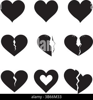 Black Heart Silhouettes – minimalistische Vektordesigns, die Liebe, Emotionen und gebrochene Herzen im monochromen Stil darstellen Stock Vektor
