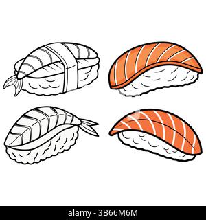 Vier Arten von niedlichen Cartoon Sushi-Stücken, die zum Ausmalen bereit sind Stock Vektor